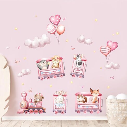 Pink Animal Train Wall Decals, Safari Bear Rabbit Zebra on Outing Wall Stickers Peel and Stick Jungle Wall Decal Self Adhesive Wall Art Sticker for Girls Baby Nursery Kids Room Home Decor in Kuwait