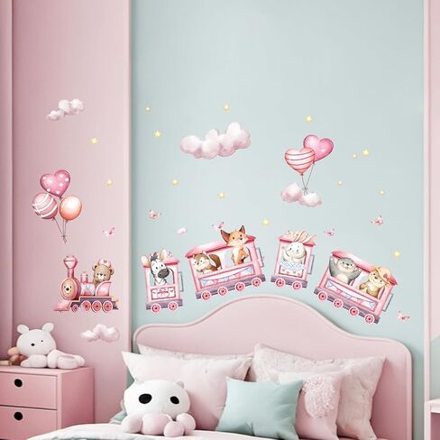 Pink Animal Train Wall Decals, Safari Bear Rabbit Zebra on Outing Wall Stickers Peel and Stick Jungle Wall Decal Self Adhesive Wall Art Sticker for Girls Baby Nursery Kids Room Home Decor in Kuwait