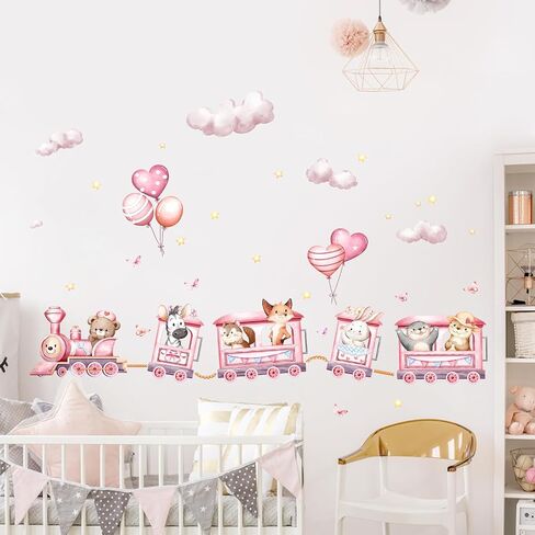 Pink Animal Train Wall Decals, Safari Bear Rabbit Zebra on Outing Wall Stickers Peel and Stick Jungle Wall Decal Self Adhesive Wall Art Sticker for Girls Baby Nursery Kids Room Home Decor in Kuwait