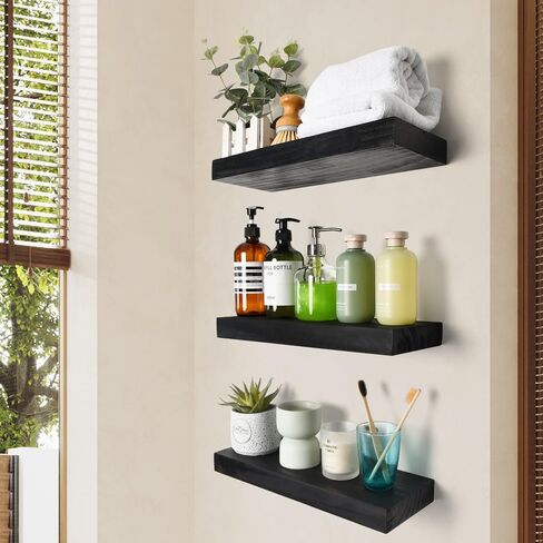 Wood Floating Shelves 16 inch Set of 3, Bathroom Shelves for Wall Mounted, Rustic Wooden Wall Shelves DIY for Kitchen, Living Room, Bedroom, 16 x 5.8 x 1.5 inch in Saudi Arabia