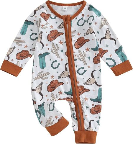Western Baby Girl Boy Clothes Long Sleeve Cow Print Romper Zipper Bodysuit Jumpsuit One Piece Fall Winter Outfit in Saudi Arabia