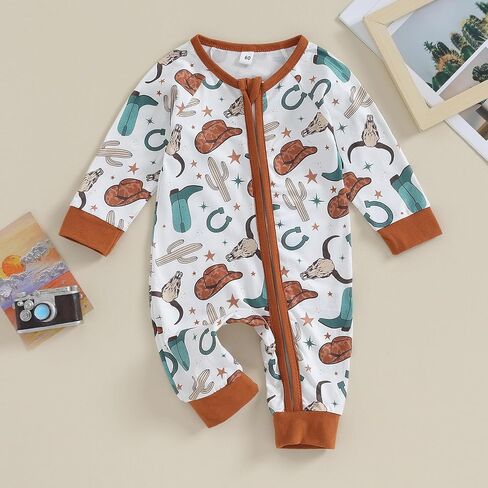 Western Baby Girl Boy Clothes Long Sleeve Cow Print Romper Zipper Bodysuit Jumpsuit One Piece Fall Winter Outfit in Saudi Arabia