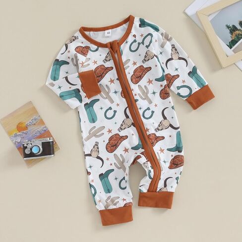 Western Baby Girl Boy Clothes Long Sleeve Cow Print Romper Zipper Bodysuit Jumpsuit One Piece Fall Winter Outfit in Saudi Arabia