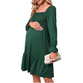 KOJOOIN Women's Maternity Square Neck Long Sleeve Fall Dress Smocked Boho Ruffle Casual Midi Dress Baby Shower Photoshoot in Saudi Arabia