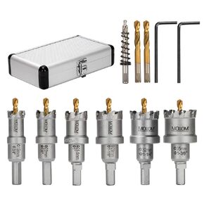 TCT Carbide Hole Saw Kit for Hard Metal 6Pcs Hole Saw(19-35mm), Extra 2xTitanium & 1xStepped Pilot Drill bits and 2Pcs Hex Key for Stainless Steel, Iron,Aluminum,Alloy,Metal