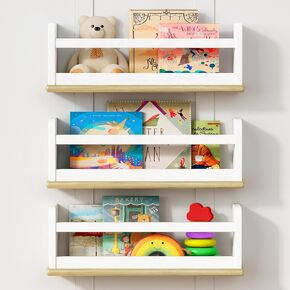 Wooden Wall Bookshelf for Kids Room, Natural Wood Floating Nursery Book Shelves for Baby Toddler Child Bedroom, Cute Wall Mount Bookshelves for Teen Girls Boys Closet Classroom Library
