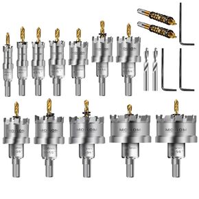 TCT 12Pcs Hole Saw(13-54mm) Carbide Hole Saw Kit for Hard Metal, Extra 2xTitanium & 2xStepped Pilot Drill bits and 3Pcs Hex Key for Stainless Steel, Iron,Aluminum,Alloy,Metal