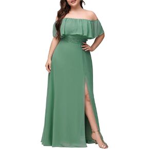 Ever-Pretty Women's Off Shoulder Ruffle Sleeves Side Split Chiffon Plus Size Semi Formal Dresses for Women 00968-DA