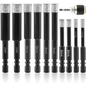 مجموعة لقم الثقب الماسي، 11 قطعة منشار ثقب الماس السداسي 1/5، 1/4، 5/16، 3/8، 1/2 بوصة مع حامل لقم الثقب سريع الفك لبلاط البورسلين والرخام والجرانيت (أسود، الحجم: متعدد الأبعاد) in Kuwait