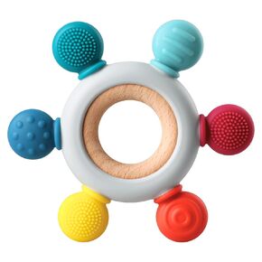 Baby Teething Toys, Silicone Chewable Toys with Organic Wooden Ring for Infants 3+ Months, Silicone Teething Toys for Soothing Sore Gums, Sucking Needs (6 Directions, Khaki)