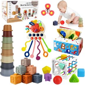 6 in 1 Montessori Toys for Babies 6-12 Months Up - Incl Pull String Toy, Stacking Cups, Tissue Box, Suction Cup Spinner, Stacking Blocks,Activity Cube, Baby Toys for 1 2 3 Year Old