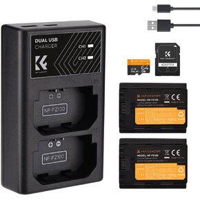 K&F Concept NP-FZ100 Battery Charger Set with 64G Micro SD Card for Sony Alpha A7III A7IV A7RIII (A7R3) A9 a6600 FX3 FX30 a7RIV Alpha a9 II (2 * 2280mAH)