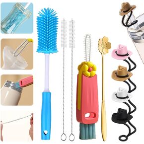9 Pack Water Bottle Cleaning Brush Kit for Sports or Baby Bottles Tumbler Cups,3 in 1 Cup Lid Cleaning Brush,3 Silicone Straw lids, 2 Tumbler Cup Straw Cleaner Brush and Flower Spoon