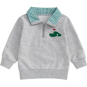 Gueuusu Toddler Baby Boy Golf Outfit Golf Flag/Cart Embroidery Quarter Zip Sweatshirt Plaid Lapel Long Sleeve Polo Shirt Top