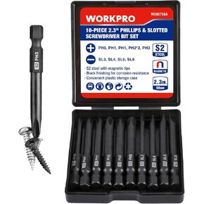 WORKPRO 10pcs Slotted Phillips Screwdriver Bit Set, CNC Machined S2 Steel Magnetic Screwdriver Bits Set, 1/4 Inch Hex Shank Driver Bits, 2.3 Inch Long Screwdriver Bits Set with Storage Box