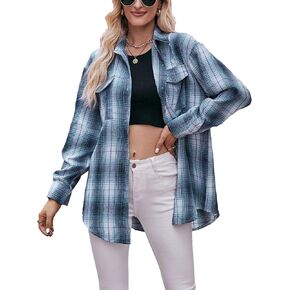 Bozanly Womens Flannel Plaid Shirts Oversized Long Sleeve Button Down Shacket Blouse Tops