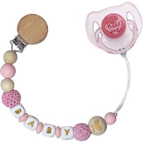 Cute Pink Style Pacifier Clip with Pink Magnetic Pacifier Reborn Dolls Toy Accessories (Knitted Ball Gold Lettering)
