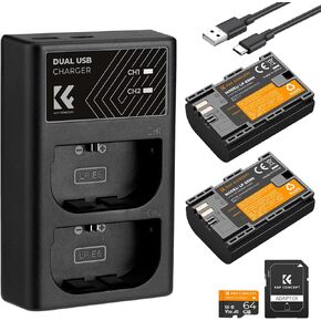 K&F Concept LP-E6NH Replacement Battery Charger Set with 64G Micro SD Card for Canon EOS R5, EOS R6, EOS R, EOS 5D Mark IV, 5D Mark III, 5DS, 5DS R, 5D Mark II, 6D, 6D Mark II, 7D