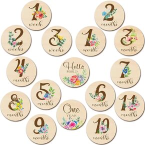16 Pieces Wooden Baby Monthly Milestone Cards Baby Monthly Milestone Marker Discs Double Sided Monthly Milestone Wooden Circles Baby Months Signs for Baby Shower Newborn Photo Props(Fresh Flowers)