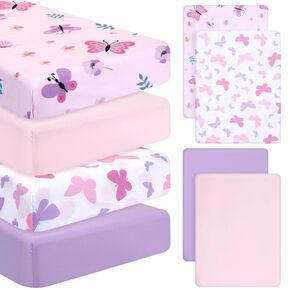Mixweer 4 Pack Butterfly Baby Crib Sheet Set for Girls Baby Crib Sheet for Standard Size Crib and Toddler Mattresses Soft Breathable Crib Sheets for Baby Gifts Home Nursery Toddler, Pink Purple