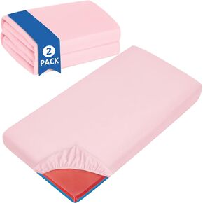 Nap Mat Sheet 2 Pack, 24" x 48" x 4" Fitted Elastic Corners Preschool Day Care Rest Nap Mat Cover, Soft & Breathable Baby Sheets for Regalo My Cot Portable Toddler Bed and Joovy Travel Cot, Pink