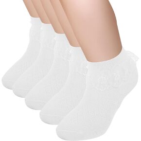 5 Pairs Toddler Baby Girls Ruffle Lace Socks, White Ruffle Socks Cute Frilly Lace Socks Soft Eyelet Mesh Cotton Socks Toddler Princess Socks Comfortable Frilly Dress Ankle Socks for Little Kids 3-5T in Saudi Arabia