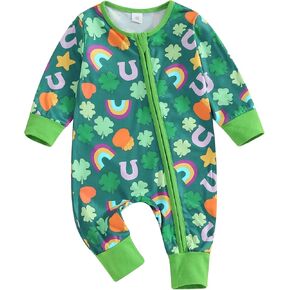 Newborn Baby Girl Boy St. Patricks Day Outfit Four Leaf Clover Romper Green Long Sleeve Bodysuit Jumpsuit