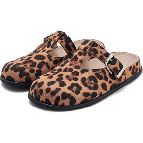 Leopard Faux Calf Hair Mules for Women Round Toe Buckle Strap Platform Clogs Footbed Flatform Mule with Arch Support