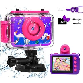كاميرا GKTZ للأطفال، كاميرا رقمية مقاومة للماء بدقة 1080 بكسل عالية الدقة للأطفال، كاميرا خارجية للرياضة تحت الماء مع بطاقة SD 32 جيجابايت، ألعاب هدايا عيد ميلاد للأطفال لعمر 3 4 5 6 7 8 9 10 11 12 عامًا للأولاد والبنات in Kuwait
