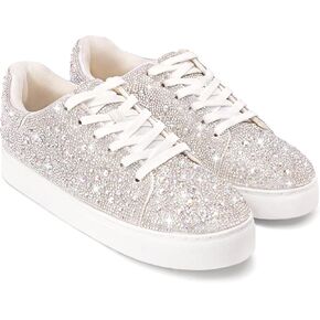 Rhinestone Sneakers for Women, Glitter Sparkle Tennis Shoes Platform Bling Silver Fashion Sparkly Sequin Shoes for Wedding Party Bride Dress