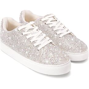 Rhinestone Sneakers for Women, Glitter Sparkle Tennis Shoes Platform Bling Silver Fashion Sparkly Sequin Shoes for Wedding Party Bride Dress in Saudi Arabia
