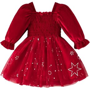 IKADEX Kids Baby Girls Christmas Party Dress Fall Winter Long Sleeve Smocked Velvet Tulle Dresses