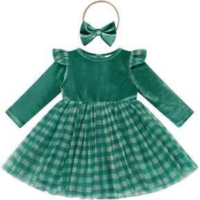 FYMNSI Toddler Velvet Dress for Baby Girls Fall Winter Dress Outfit Solid Long Sleeve Casual Princess Dress with Headband