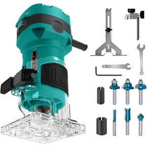 Wood Router Tool, Compact Trim Router with 6 Wood Router Bits, 1/4" Collets and 8mm/12.7mm Adapter -PATR550