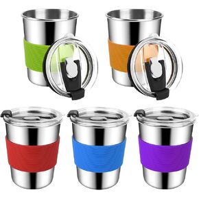 ShineMe 8oz Kids Cups Spill Proof, 5pack Stainless Steel Sippy Cups with Lids and Silicone Sleeves, Reusable Toddler Cups for Hot and Cold Drinks, BPA Free Snack Cups Apply for Indoor/Outdoor