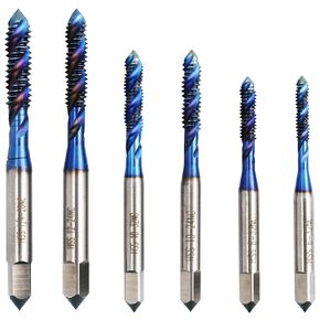 6Pcs Combination Drill and Tap Bits Set, SAE High Speed Steel Thread Screw Taps, Blue Coated Spiral Point Tap Set for Hand & Power Tools