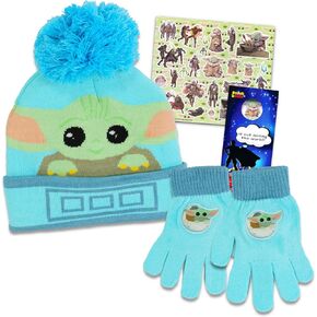 Star Wars Baby Yoda Winter Hat and Gloves - Mandalorian Beanie Bundle with Baby Yoda Beanie and Gloves Plus Stickers, Door Hanger | Baby Yoda Accessories for Kids