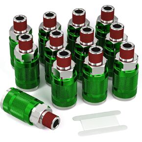 GASHER 12PCS Green 1/4" MNPT Quick Connect Air Coupler, 1/4" Basic Flow Industrial Coupler, ARO Type, For Air Compressor Quick Connect Air Hose Fittings Set