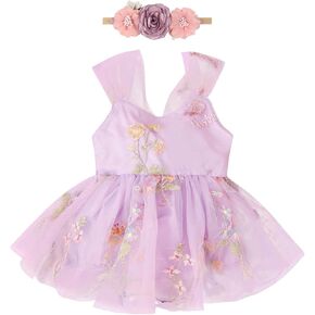 ODASDO Infant Baby Girl Tulle Romper Flower Embroidery Princess Bodysuit with Headband Birthday Party Cake Smash Outfit