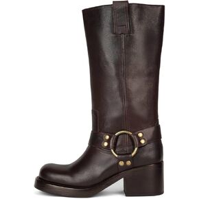 Women's Knee High Riding Boots Round Toe Block Heel Fashion Motorcycle Booties Side Zipper Wide Calf Biker Riding Boots with Studs