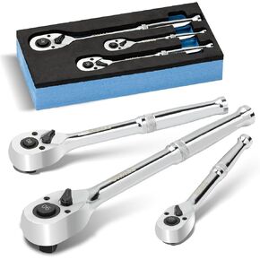SHALL 90-Tooth 3-Pieces Drive Ratchet Wrench, Quick-Release & Reversible, Full Polished Ratchet Wrench Made of Chrome Alloy, Gifts for Men Women Dad Mom(1/4'' 3/8'' 1/2'')