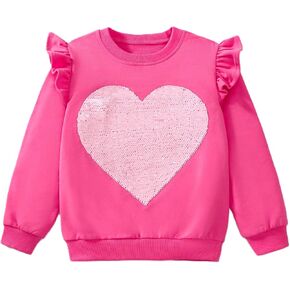 Girls Valentines Day Sweatshirt Toddler Kids Sequin Heart Long Sleeve T Shirt Ruffle Pullover Cotton Sweater Tops