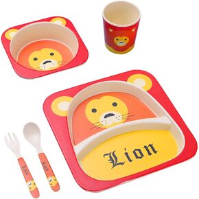 Lion Red Animals 5pcs Baby Bowls Kids Dinnerware Set Bamboo Fiber Cartoon Food Plate Bowl Cup Spoon Fork Set Tableware,Baby Led Weaning Supplies, Feeding Set,Christmas Gift,Bpa Free, One Size