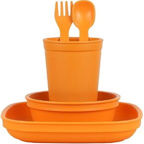 Re-Play Made in USA Toddler Dinnerware Set - 10 oz. Open Cup, 7" Flat Plate, 12 Oz. Bowl, Rounded Tip Fork and Deep Scoop Spoon - Dishwasher/Microwave Safe Plastic Dinnerware Set - Orange