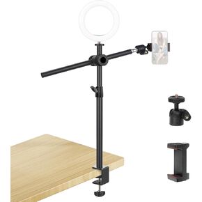 Overhead Camera Mount Desk Stand with Magic Arm, Webcam Stand with 360° Adjustable Extension Arm, Ball Head, Phone Holder, Tabletop C Clamp Light Stand for Ring Light, DSLR, SmartPhone, Live Streaming