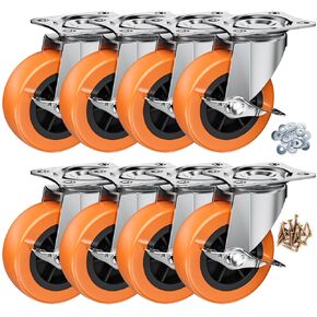 2 Inch Casters, ASHGOOB Caster Wheels with Side Brake, Locking Casters Set of 16, Industrial/Furniture Swivel Plate Caster Wheels for Workbench and Carts, Orange Polyurethane (PU) Castors (16 Pack)