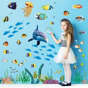 Removable Creative DIY 3D The World Under Sea Wall Decals for Kids Room Bedroom Nursery Room Cute Fish Blue Dolphin Seagrass Coral Wall Art Decor Decal Stickers for Window Bathroom Classroom