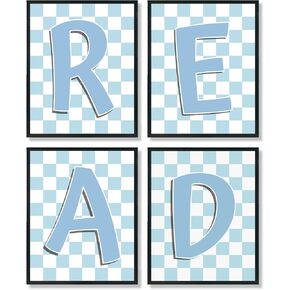 ULEGIE Checkered Reading Wall Art Decor Set of 4, Reading Posters for Classroom, Reading Corner Decor, Black and White Read Signs Prints for Kids Room Classroom Playroom Nursery, 8x10 Inch Unframed
