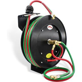 RX WELD Torch Hose Reel Auto-Rewind Retractable, with 1/4-Inch x 50 Feet with 9/16"-18 B Fittings Oxy Acetylene Hose
