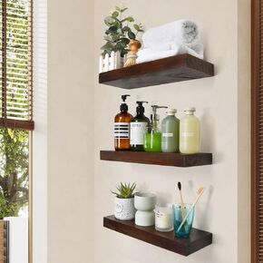 Wood Floating Shelves Set of 3 - Rustic Shelf 22 inch - Floating Shelf for Wall Mounted - Wide Wooden Wall Shelves for Living Room Bedroom Kitchen Bathroom - Black Walnut